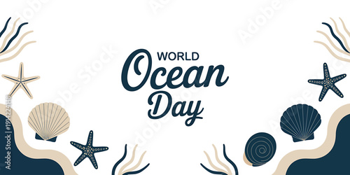 World Ocean Day illustration with sea creatures and waves on white background