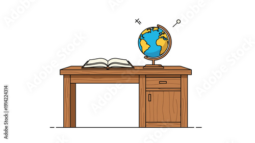 Classic wooden study desk featuring an open reference book and a colorful world globe for education and geographical research.