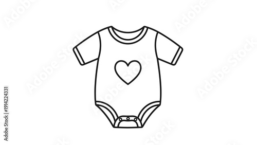 Simple black and white line art illustration of a baby bodysuit onesie featuring a heart shape in the center for infant apparel.