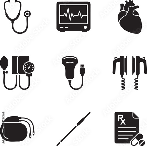 Cardiologist Medical Tools and Heart Healthcare Equipment Icon Set for Cardiology and Hospital Design