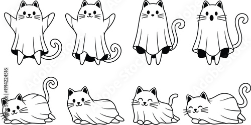 Playful cartoon illustrations of cats dressed as ghosts in standing and lying poses with expressive faces, perfect for Halloween, festive, and whimsical design projects