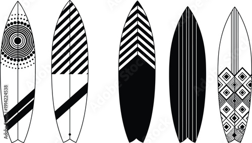 Set of five surfboards with unique black and white geometric patterns, featuring stripes, chevrons, circles, and diamond textures, ideal for surfing, design, and decoration projects