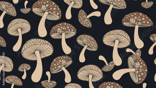 Seamless pattern of hand drawn brown mushrooms with spotted caps scattered across a dark blue background for fabric or wallpaper design.