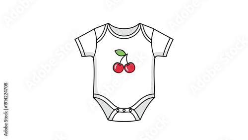 White baby bodysuit featuring a simple graphic of two red cherries with a green leaf printed in the center of the garment on a white background.