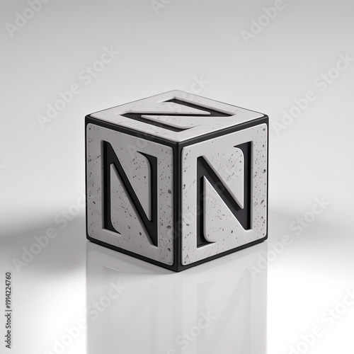 A close-up of a gray cube with a black letter on each side
