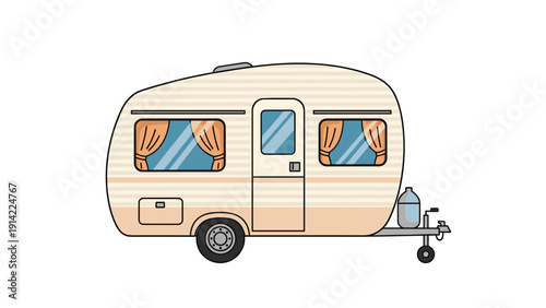Charming vintage style camper trailer with horizontal stripes and curtains in the windows parked against a white background for travel themes.