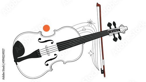 Elegant black and white line drawing of a violin and bow with artistic swirling lines and musical design elements on a white background.