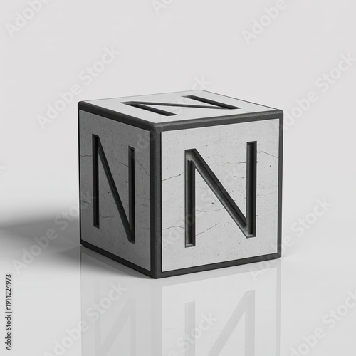 A close-up view of a metallic block with the letter N on its sides