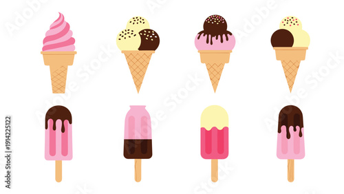 Diverse collection of colorful ice cream cones and popsicles displayed in a neat row on a plain white background.