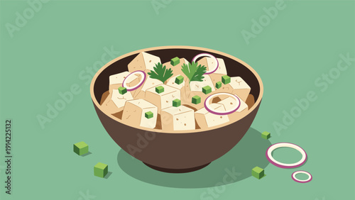 Bowl of cooked tofu cubes garnished with green onions and purple red onion rings served in a savory light sauce.