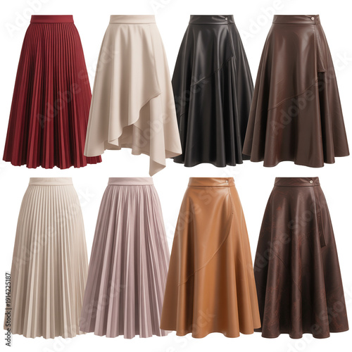 Assorted a-line skirts in various colors and patterns isolated on transparent background