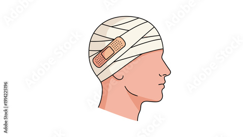 Side profile of a person's head covered in white medical bandages with an adhesive plaster over a specific injury.