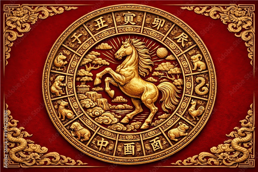 Obraz premium Golden Horse Zodiac: Chinese New Year Art on a red textured background with golden ornaments.