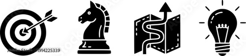 Business Strategy and Innovation Icons Featuring Target Bullseye Chess Knight Roadmap and Creative Lightbulb Symbols