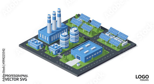 Isometric illustration of an industrial complex with various buildings and smokestacks.