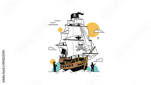 Pirate ship with large white sails and skull and crossbones flags cruises on waves under a bright sun and fluffy clouds in the sky.