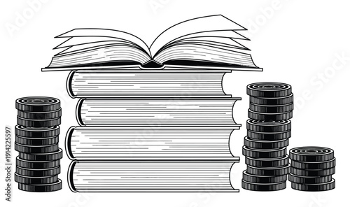 Stack of Books and Coins: Symbolizing Knowledge and Wealth
