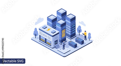 Isometric illustration of a modern office building with people and data storage servers.