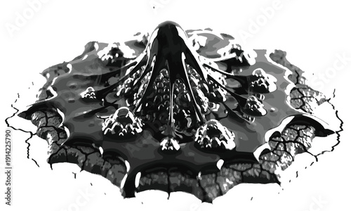 Volcanic eruption illustration depicting a dramatic landscape with lava flows, smoke, and ash clouds from a central volcano viewpoint