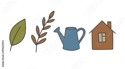 Nature & Home Doodle Elements Isolated leaf, branch, watering can, house icons for ecology, gardening, and rustic living concepts Hand-drawn style with earthy colors Vector graphic on white.