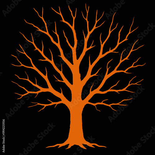 Majestic tree silhouette against a dark background with intricate branches and roots