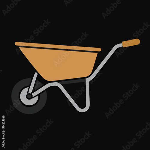 Orange wheelbarrow with two black wheels on a dark background