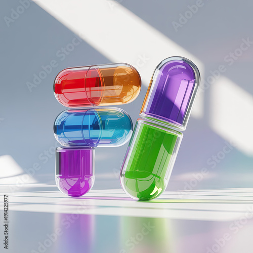 A colorful arrangement of translucent capsules on a reflective surface with a gray background