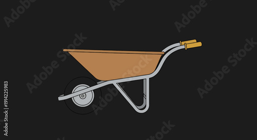 Orange wheelbarrow with two black wheels and a handle for gardening or construction tasks