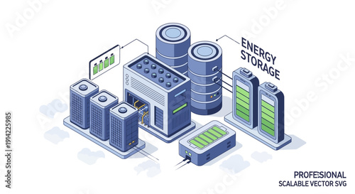 Isometric illustration of energy storage system and power plant infrastructure.