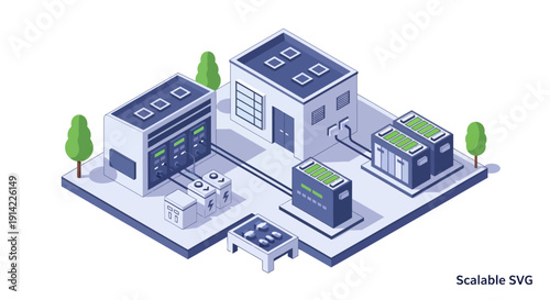 Isometric illustration of a data center with servers and infrastructure.