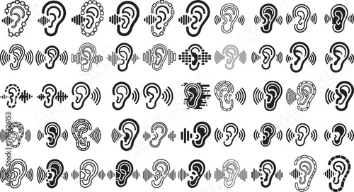 Collection of various human ear icons with sound waves on white background