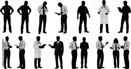 Vector silhouettes of professionals in business attire and medical uniforms, showing workplace communication, healthcare roles, teamwork, and corporate interaction for design and illustration projects