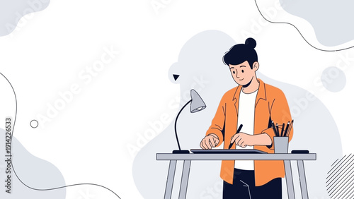 Illustrator Designing Digital Art on Tablet with Desk Lamp and Supplies