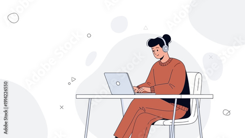 Young person working on laptop with headphones, modern flat illustration