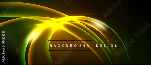 Abstract neon lights create dynamic curves. Bright yellow center radiates outward, blending into green hues. Dark background emphasizes luminosity.