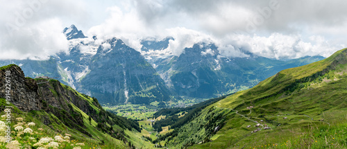 View of Grindelwald valley and the famous mountains in the background