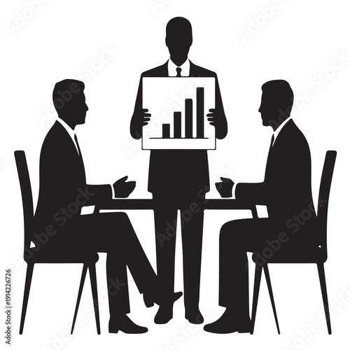 Three business people silhouettes during corporate presentation showing bar chart results meeting concept