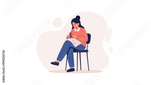 Woman artist drawing on canvas sitting chair, creative hobby, illustration