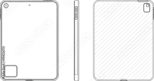 Cad drawing flat vector illustration of a modern electronic tablet device featuring front view, side profile, and back view with camera lens,