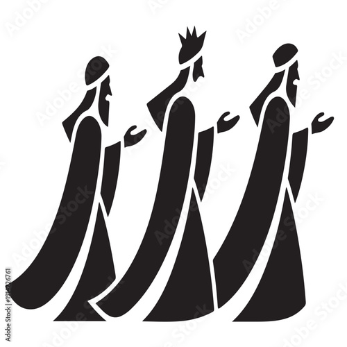 Three wise men silhouettes walking in a line, wearing flowing robes and traditional headwear, extending their hands forward in a gesture of offering