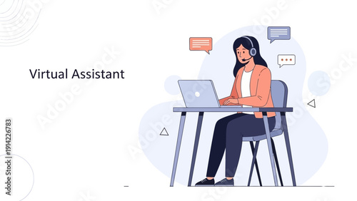 Virtual Assistant Working on Laptop with Headset, Customer Support Concept