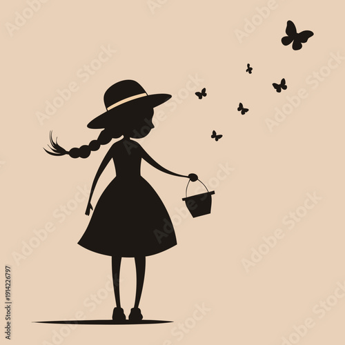 Vector art illustration of a girl raising her hand to the sky to catch a butterfly