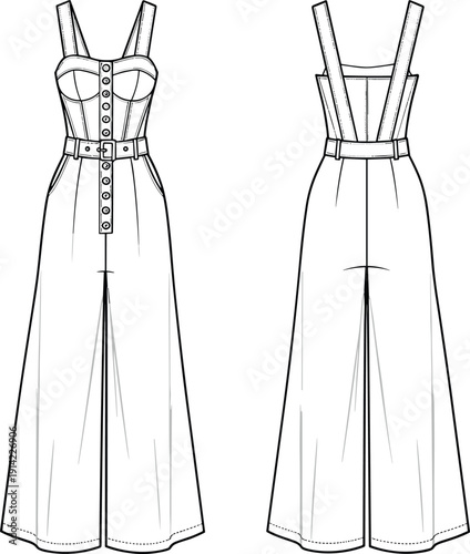 Cad drawing flat vector illustration of women's denim jumpsuit with button down front, belted waist, wide leg trousers, and straps,
