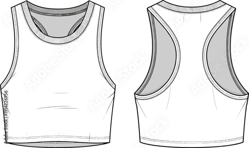 Cad drawing flat vector illustration of a women's athletic racerback crop top featuring a round neck, sleeveless design, and fitted silhouette,
