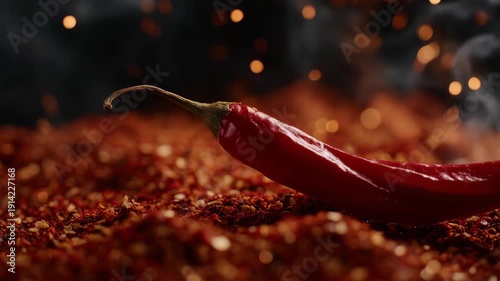 Red chili pepper emerging dynamically from cloud of powdered spices, glowing particles surrounding it, cinematic spotlighting, composition emphasizing heat, flavor, and gastronomic
