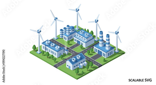 Isometric illustration of a sustainable industrial complex with wind turbines and buildings.