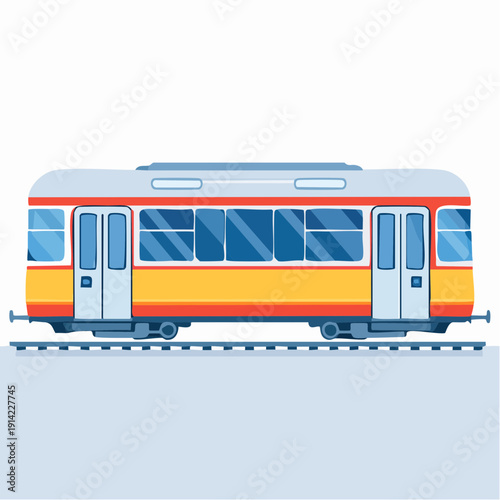 Vintage Red and Yellow Passenger Train on Tracks, Classic Transportation Illustration