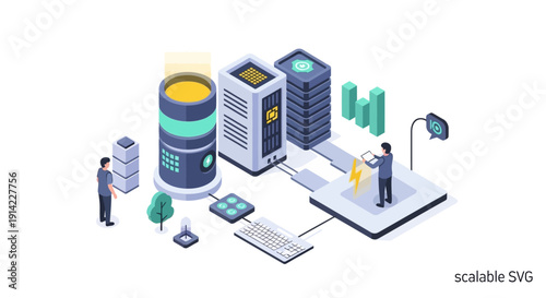 Isometric illustration of data center with servers and IT professionals.
