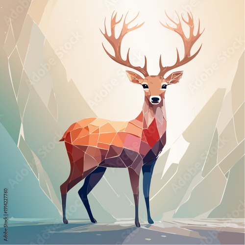 Majestic Geometric Deer Stands Proudly in a Stylized, Crystalline Landscape