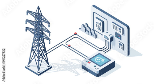 Electricity transmission tower connected to a control device and monitoring system.